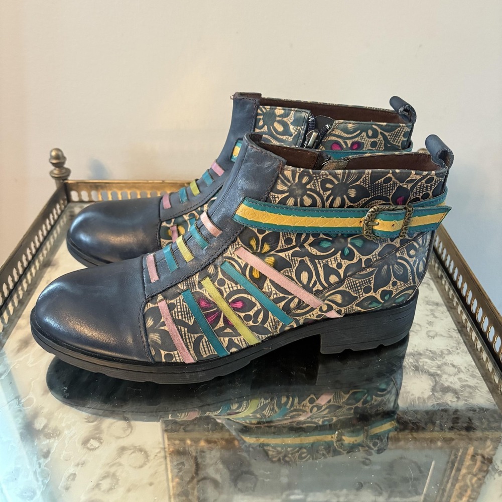 Socofy Shoes Womens Size‎ 41 Blue Multicolor Ankle Boots Floral Cutout Zip Boho